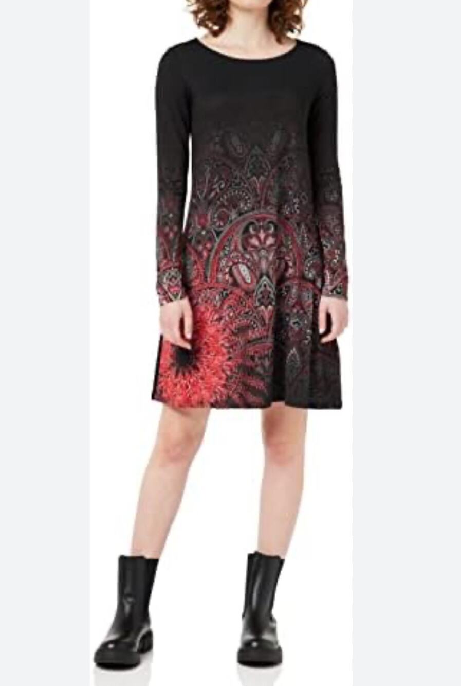 Desigual Knit Jersey Paisley Ombré Dress M Black Grey Red